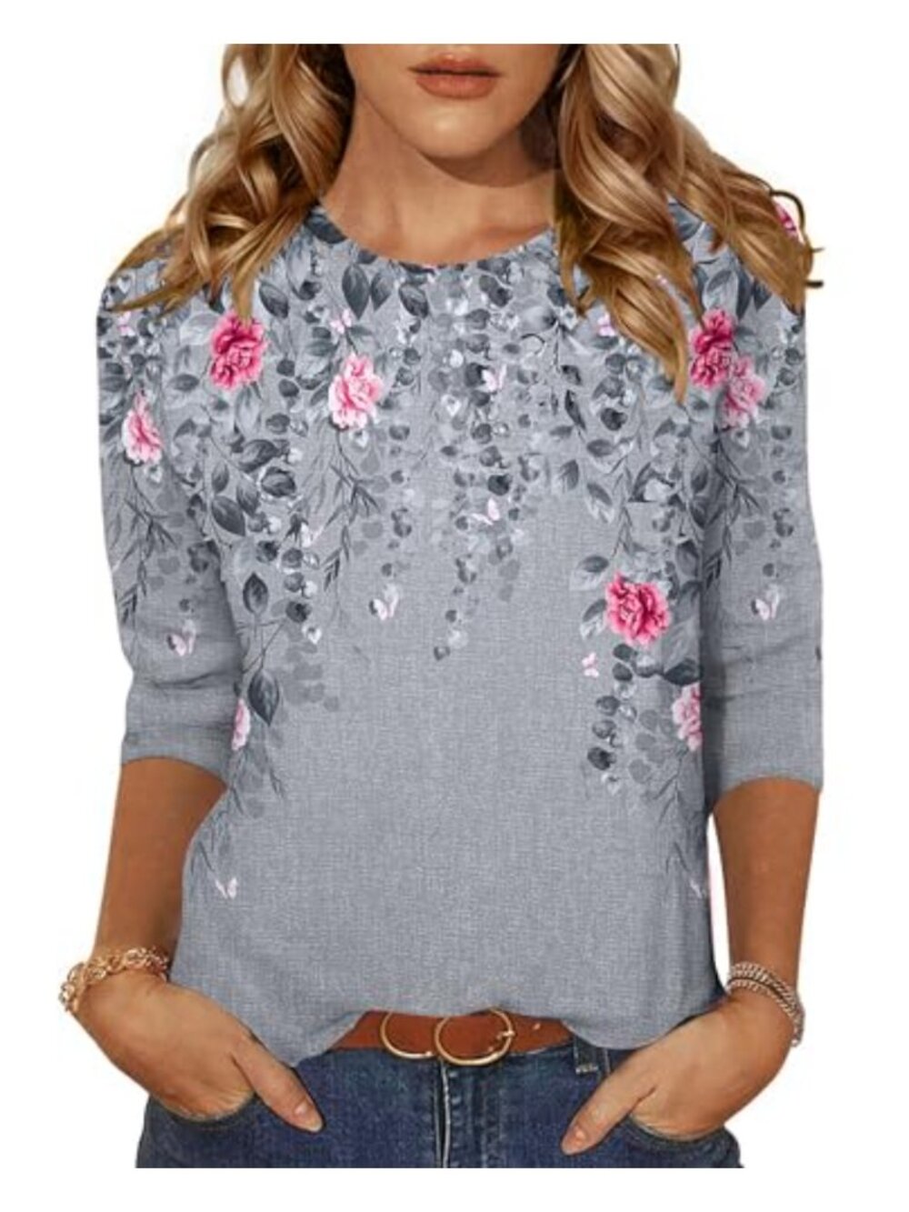 Women's 3/4 Sleeve Tunic Top Round Neck Casual Work Blouse